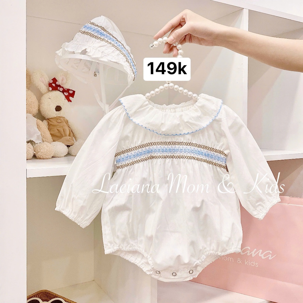 B118 Body Suit Dài Tay Bo Xanh Cao Cấp Kèm Nón Cho Bé Gái