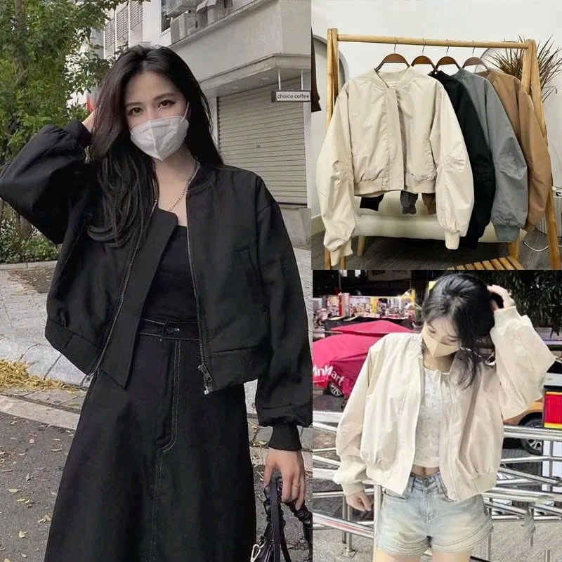 Áo khoác bomber gió 2 lớp dáng crop phong cách Hàn Quốc