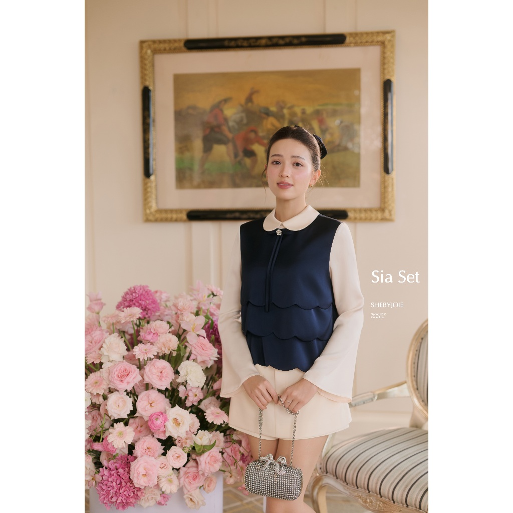 JOIE DES ROSES - Set áo dáng xuông cổ sen layer 3 lớp sóng và quần váy cạp cao đai nơ Sia Set