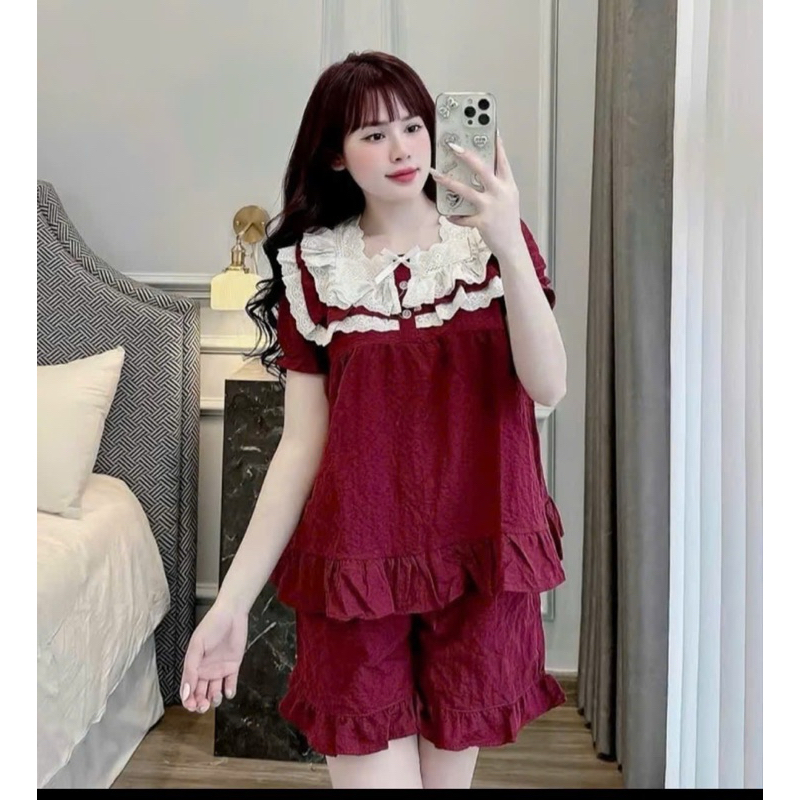 sét bộ đùi , cổ vuông ren, vải đũi mềm