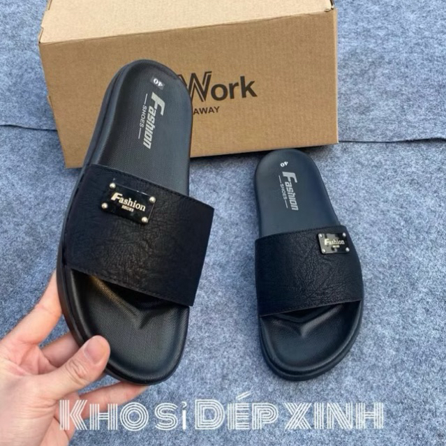 [khâu quai] DéP quai da ngang nam logo Fashion- dép Lê nam đế bằng cao su 2 lớp- phong cách tối giản- dép nam khâu quai