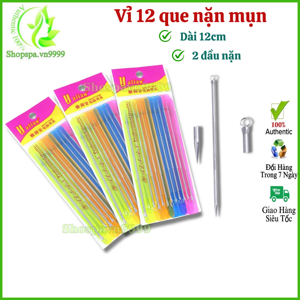 Vỉ 12 que nặn mụn 2 đầu khôgn gỉ, Que nặn mụn vỉ 12 chiếc dùng cho Spa, TMV