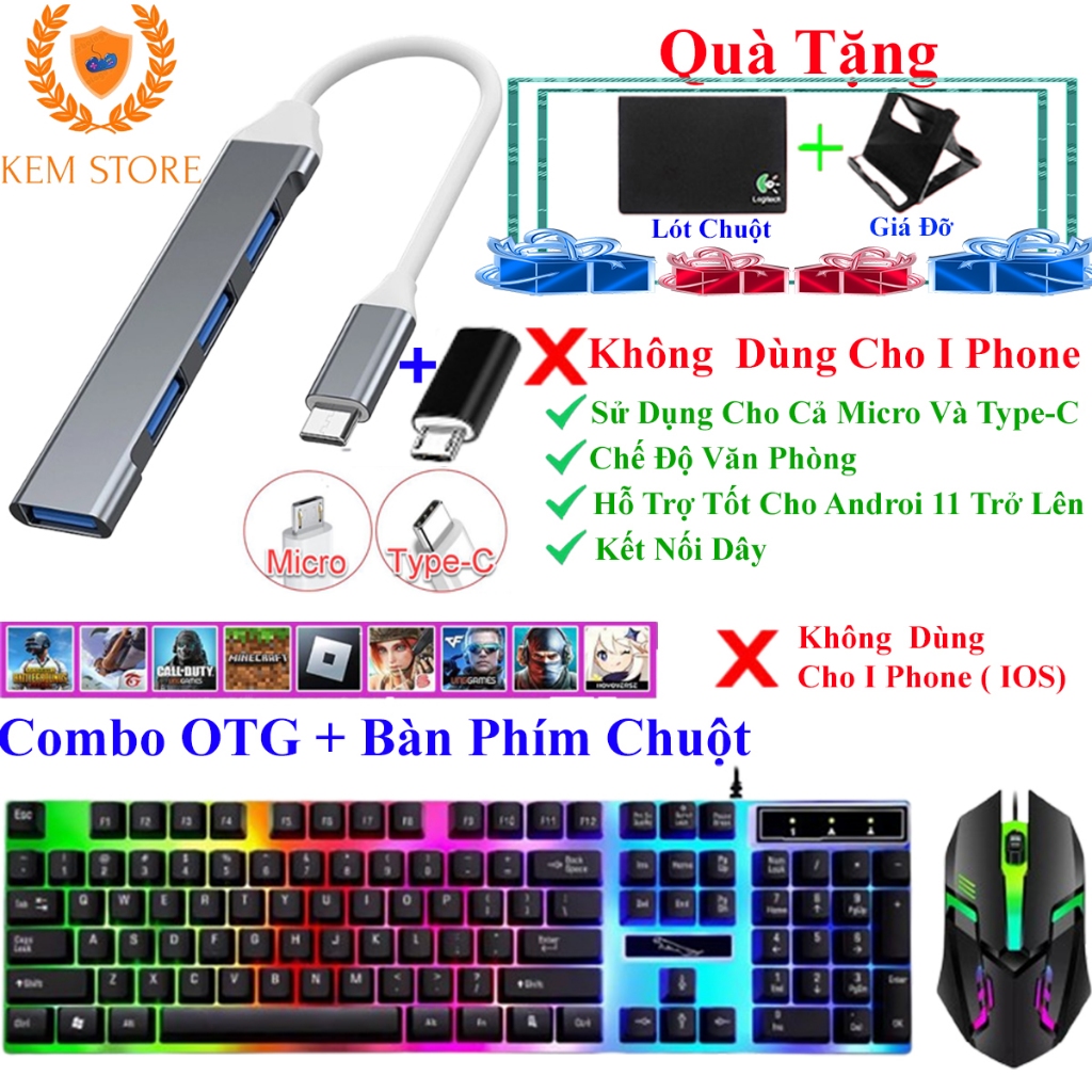 Combo USB OTG Dây 3.0 + Bàn phím chuột giả cơ LED Minecraft, Roblox, FreeFire, PUBG.....