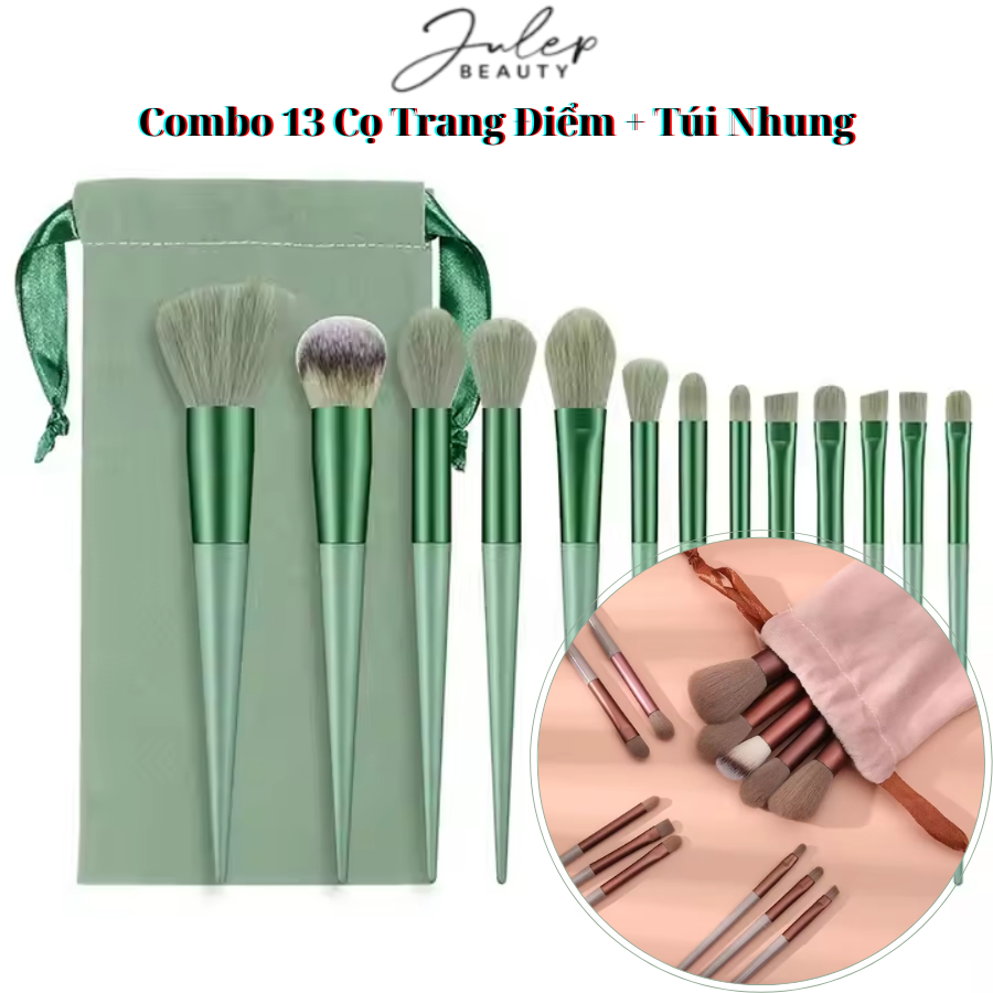 Bộ 13 cọ trang điểm + túi nhung lông mềm mịn, cọ đánh phấn nền, cây đánh phấn mắt - JULEP BEAUTY