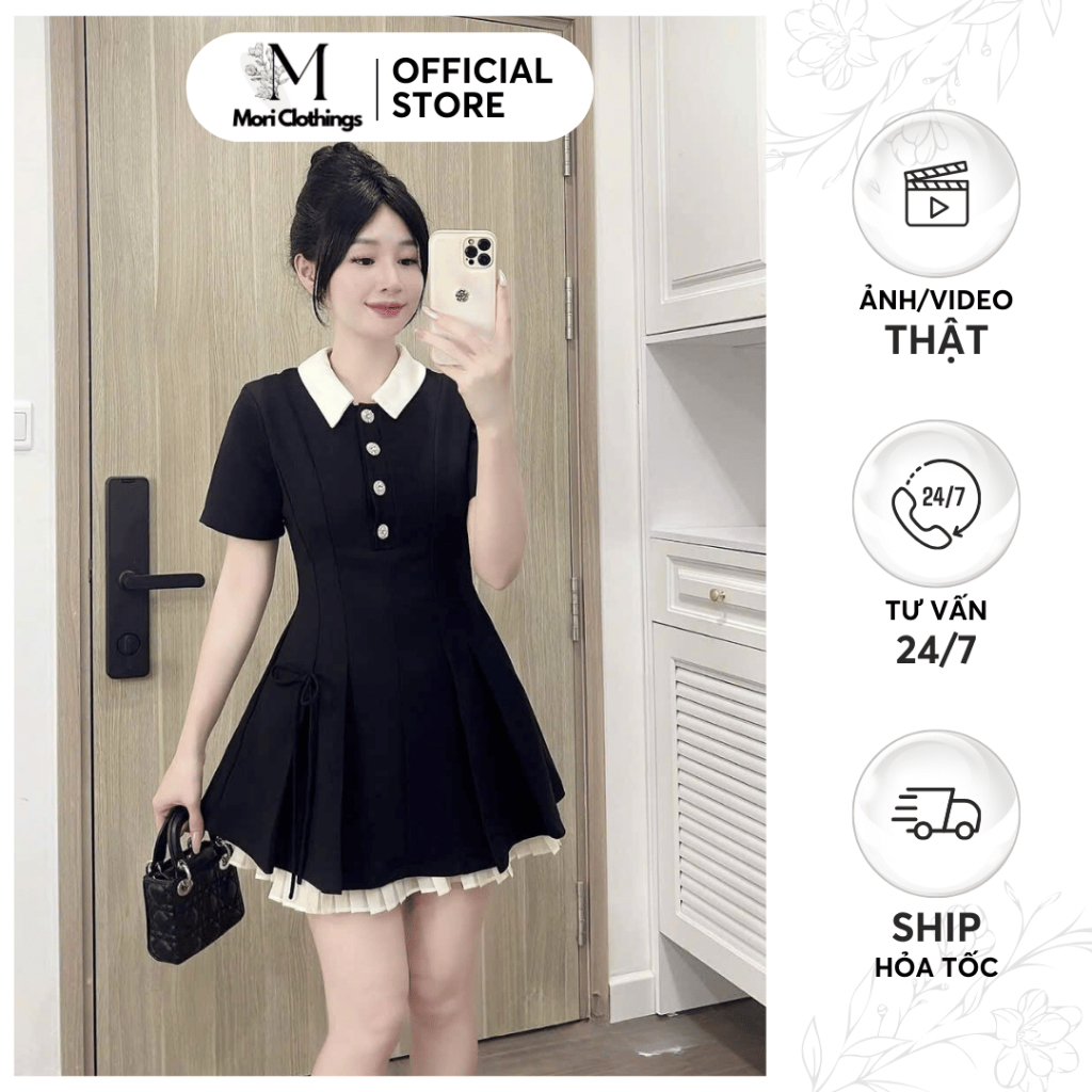 Váy Tuyết Mưa Phối Cổ Sơ Mi Đính Cúc Đá Dáng Xòe Tiểu Thư Thiết Kế Thời Trang Nữ N255 | MORI CLOTHINGS