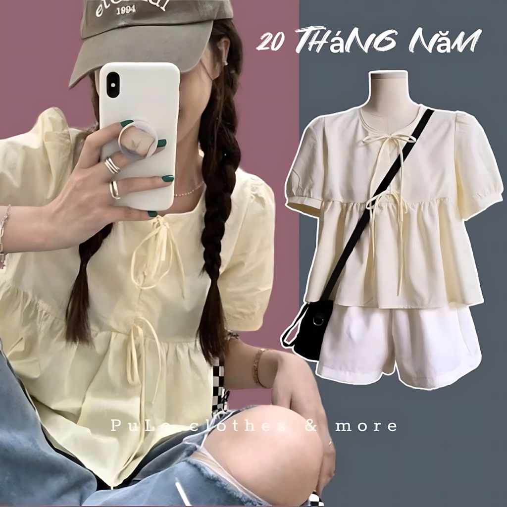 Áo babydoll vàng pastel cổ tròn thắt nơ tay bồng 20 tháng 05 shop MA2091