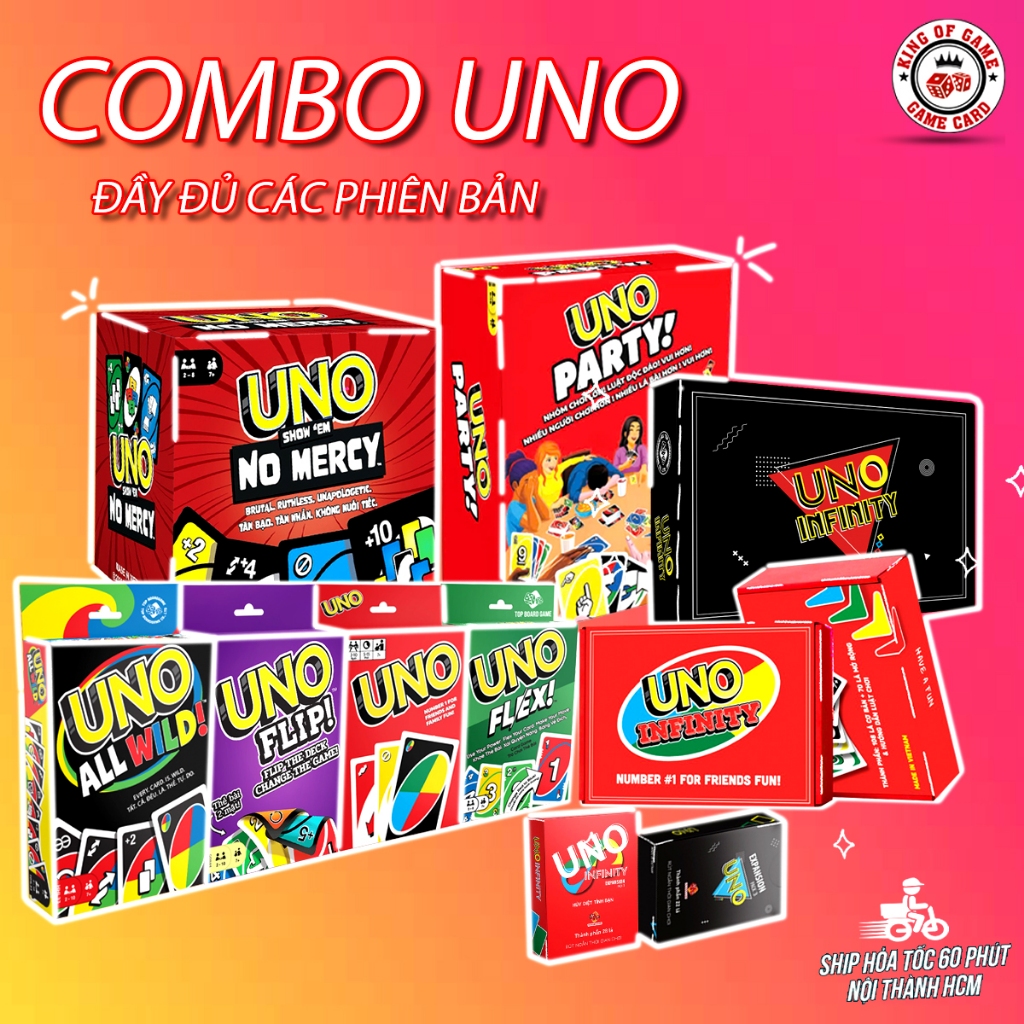 UNO Đầy Đủ Phiên Bản cơ bản + Mở rộng Boardgame thẻ bài uno dành cho nhóm bạn phù hợp mọi lứa tuổi.MỚI NHẤT KING OF GAME