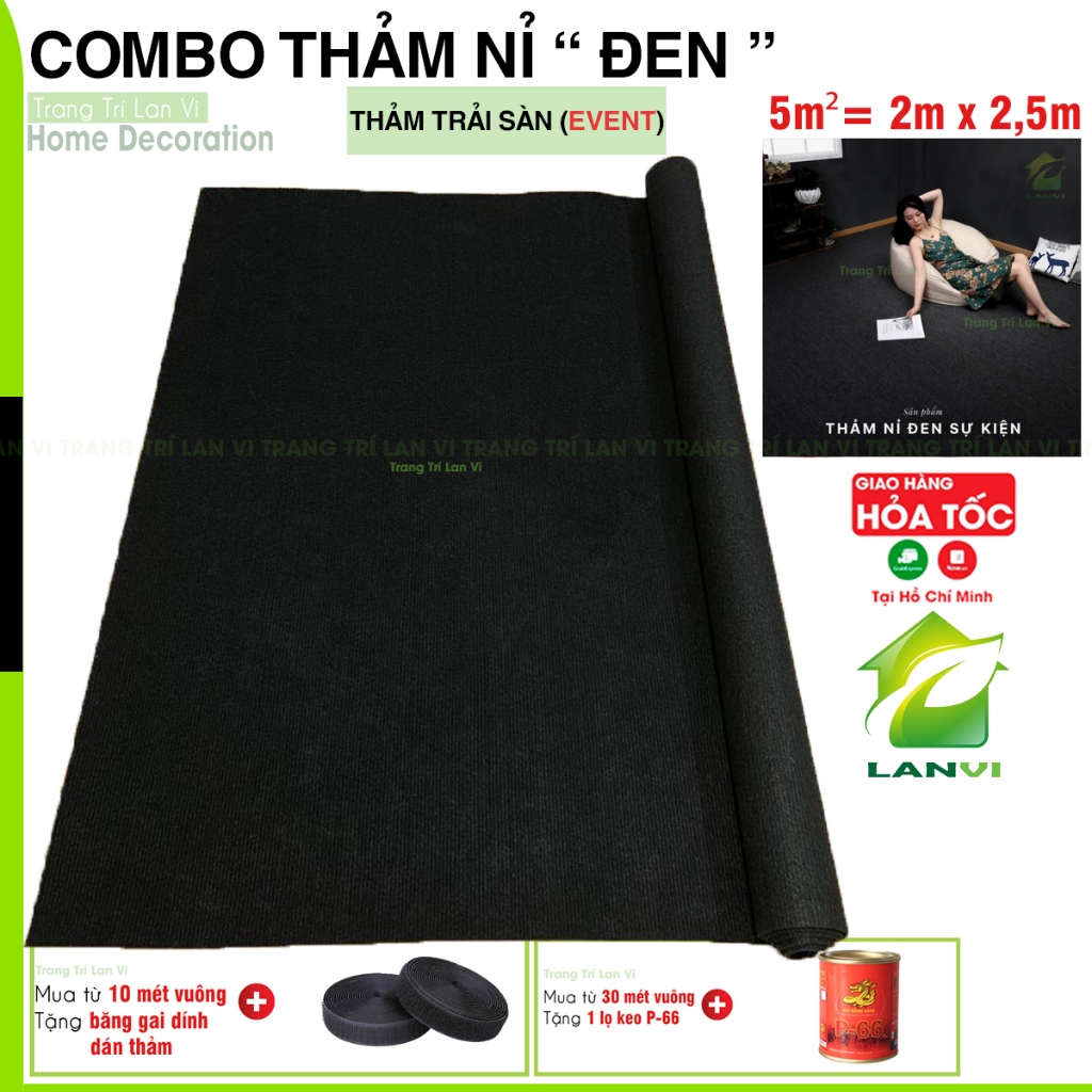 Thảm trải sàn nỉ (combo 5m²) thảm lót sàn nhà trải phòng decor nhà, Màu Đen, dày 3mm, khổ 2m x 2,5m