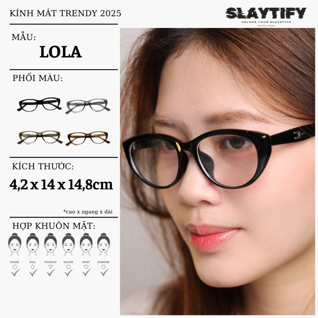 Kính mắt mèo LOLA thời trang chuyên lắp cận gọng nhựa dẻo TR90 cao cấp SLAYTIFY