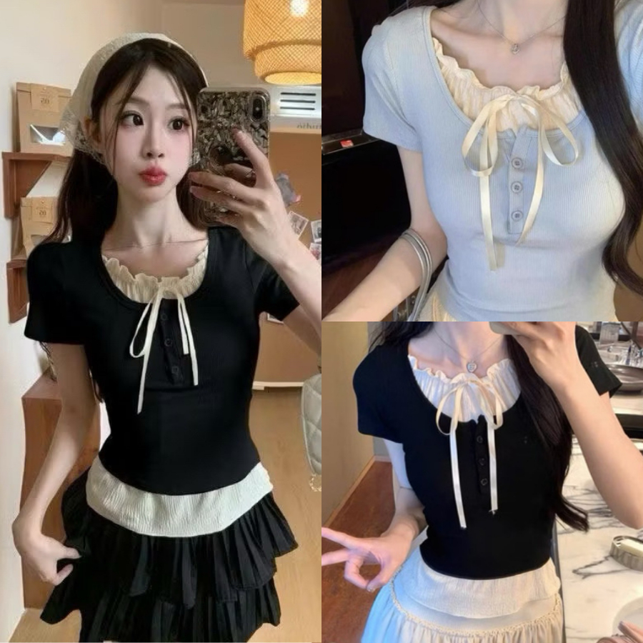 Áo thun croptop phối viền ren cột nơ xinh xắn hai màu đen xanh VANISA CT228