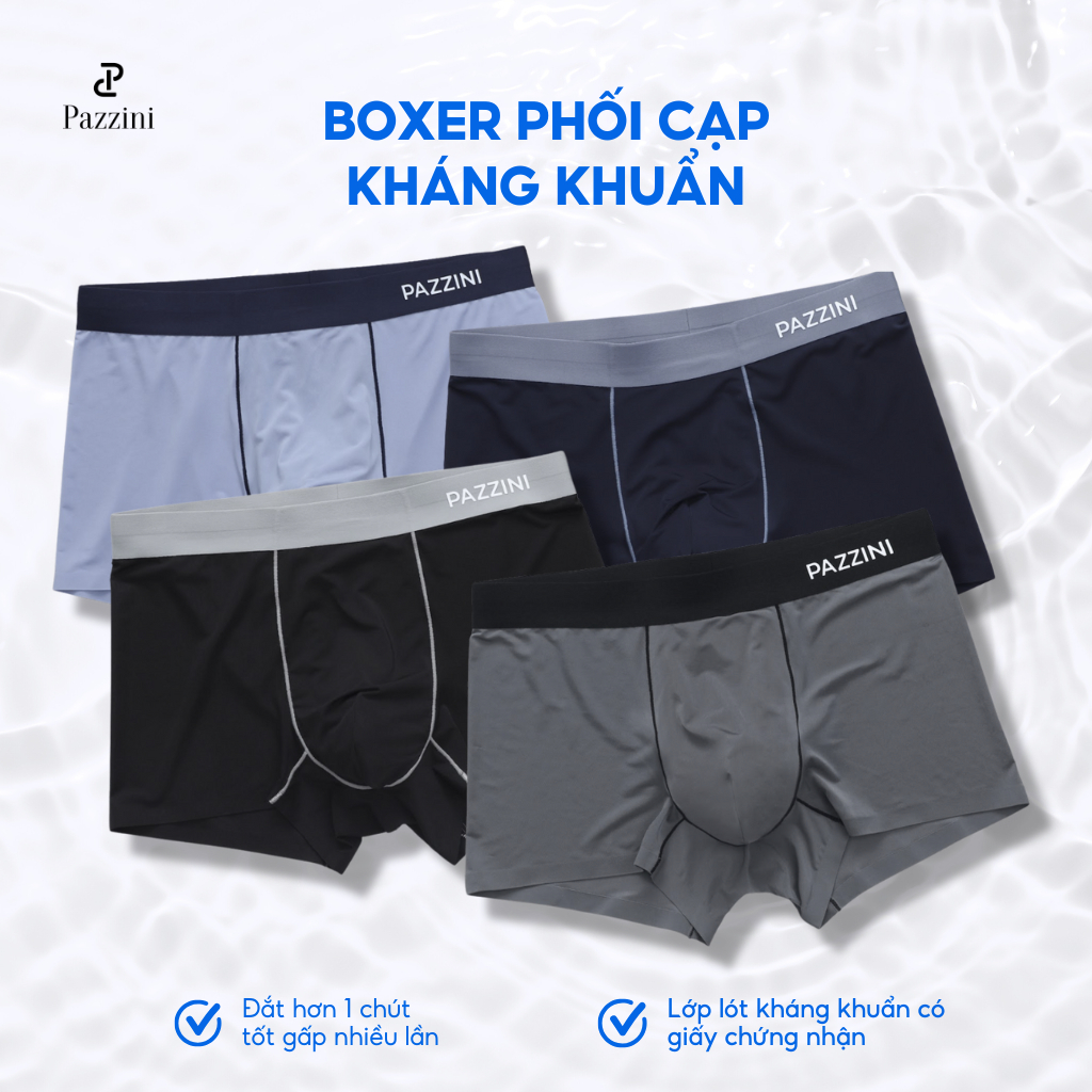 Combo 3 quần lót boxer nam Pazzini phối cạp kháng khuẩn chất thun lạnh cao cấp, co giãn 4 chiều, thấm hút tốt - BX011
