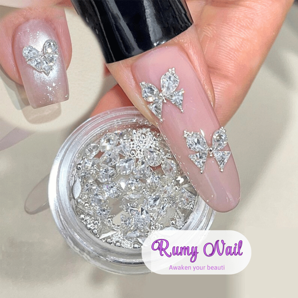 Đá khối mini mix bi (50 viên), tạo hình trái tim, butterfly, đá trang trí móng tay