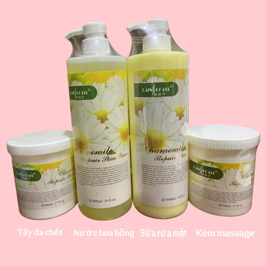 BỘ CHĂM SÓC DA HOA CÚC. KEM MASSAGE, TẨY DA CHẾT, SỮA RỬA MẶT VÀ NƯỚC HOA HỒNG.