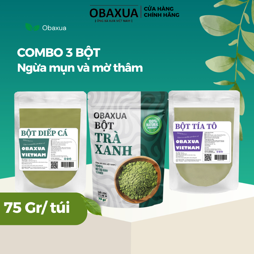 Combo 3 Bột Ngừa Mụn và Mờ Thâm OBAXUA gồm bột Trà Xanh, Diếp Cá, Tía Tô (75gx3)