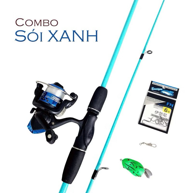 Bộ Combo Cần Câu Lure Sói Xanh Kèm Máy Đứng YF200 Kèm Phụ Kiện Đầy Đủ- Combo Cần Câu Giá Rẻ, Học Sinh