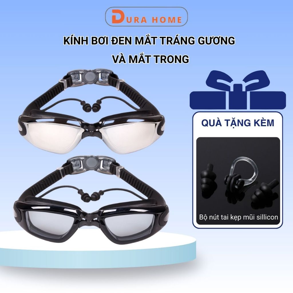 Kính Bơi Chống Nước Chống Mờ Gọng Silicon Tráng Gương Không Đau Mắt Kèm Mũ Bơi Bịt Tai, Tặng Bộ Nút Tai Kẹp Mũi DURAHOME