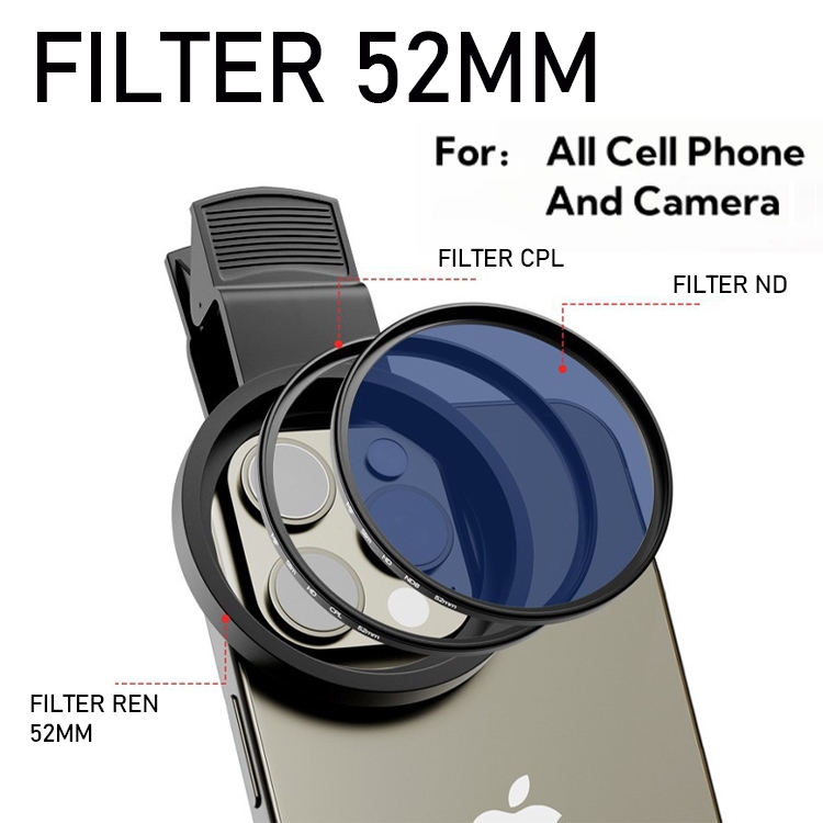 52mm Ống kính máy ảnh Bộ lọc ND chỉnh được Ống kính điện thoại Bộ lọc điện thoại di động Kẹp ống kính điện thoại