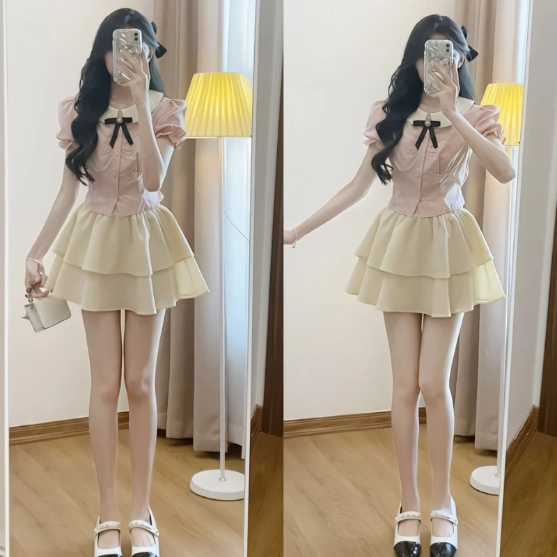 Set Váy Áo Sơ Mi Hồng Đính Nơ Cài Chiết Eo Kèm Chân Váy 2 Tầng Tiểu Thư Siêu Xinh