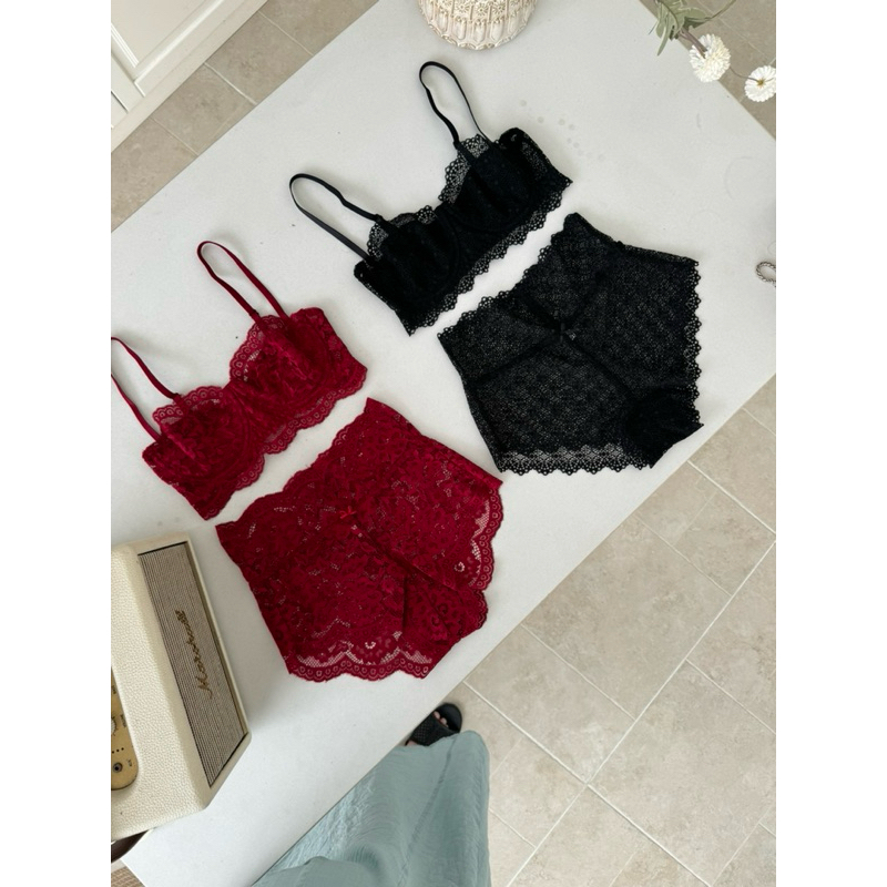 LUCY SET - Set ren gọng cup ngang siêu pick (tặng kèm mút tháo rời) + Quần cạp cao