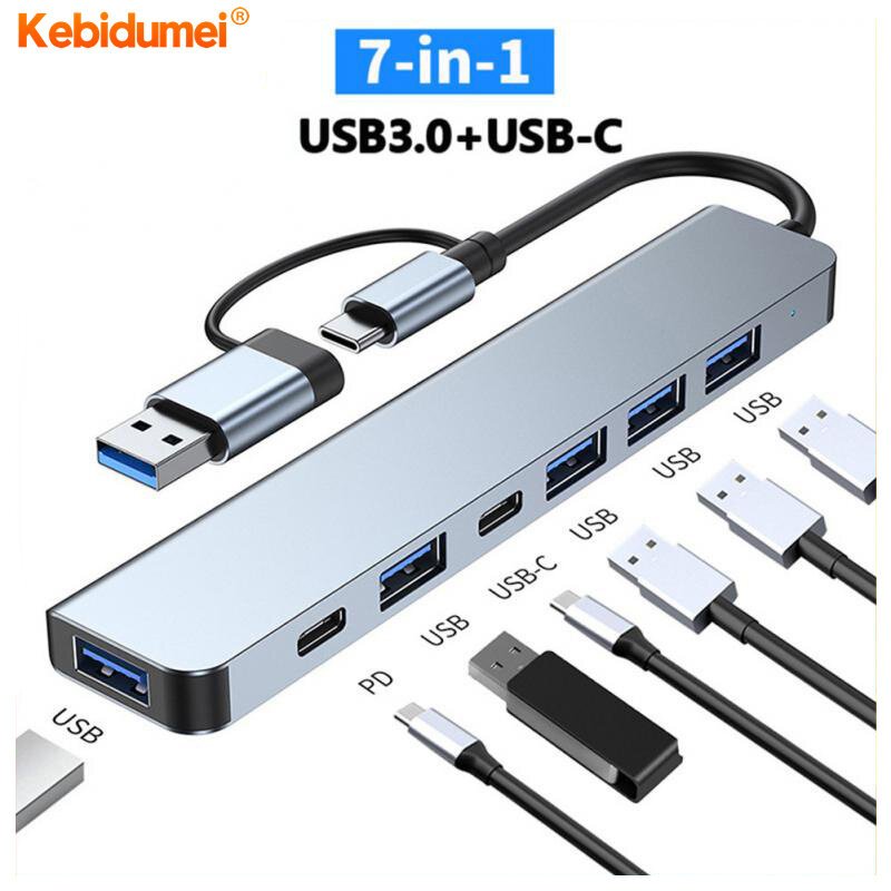 7 trong 1 loại C HUB USB 3.0 PD đầu đọc thẻ Multiport với SD TF cổng cho phụ kiện máy tính USB C Splitter
