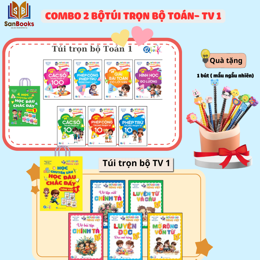 Sách - Túi Trọn Bộ Toán và Tiếng Việt Lớp 1- Học chuyên sâu Học đâu chắc đấy - (12 quyển), Qbooks