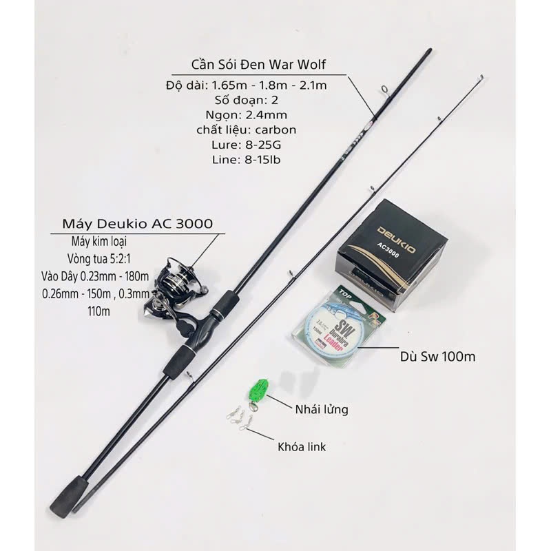 Combo cần câu lure máy đứng Deukio AC 3000 và phụ kiện giá rẻ - Bộ cần lure Sói Đen kèm máy giá rẻ