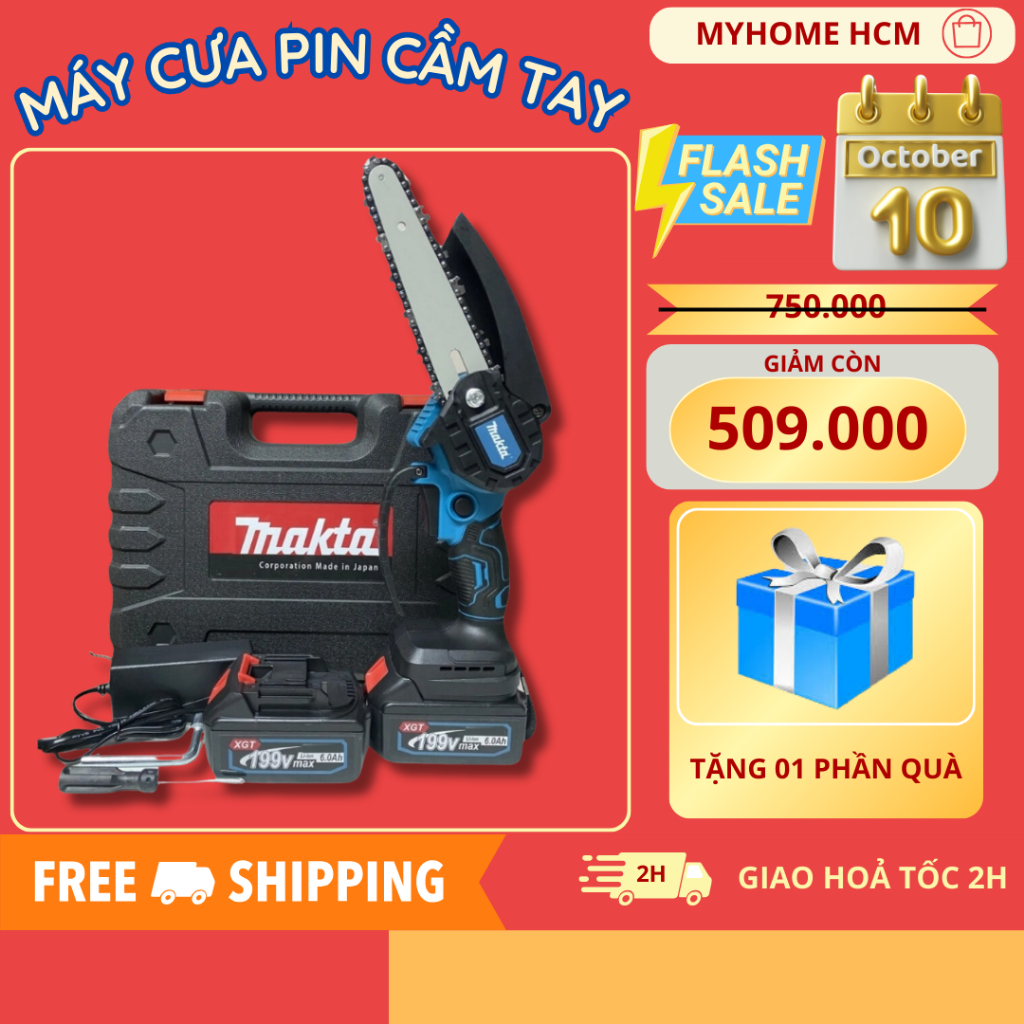 Máy Cưa Xích Cầm Tay , Máy Cưa Mini Pin 199V, Lam Xích Dài 18cm