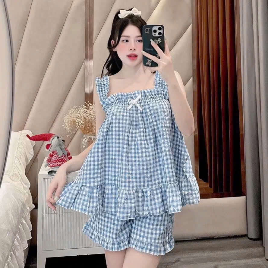 Bộ ngủ mặc nhà bộ 2 dây set hai dây dễ thương hoạ tiết caro, bộ đồ ngủ nữ chất vải thoáng mát
