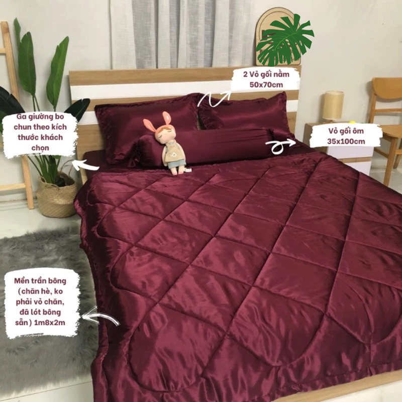 Bộ chăn ga và vỏ gối phi lụa mát mịn Baobaosstore (5 món, hơn 30 màu), drap phi lụa m4 m6 m8 dành cho nệm thấp dưới 17cm