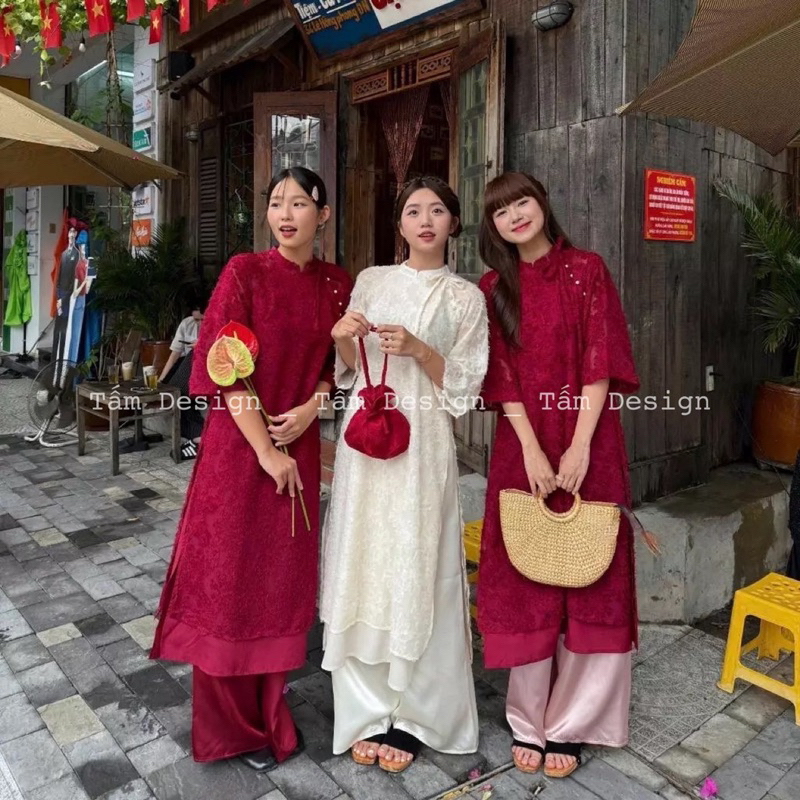 Áo dài lông vũ buộc nơ cách điệu, áo dài cách tân gấm hoa tua rua kèm quần lụa( hàng có sẵn)