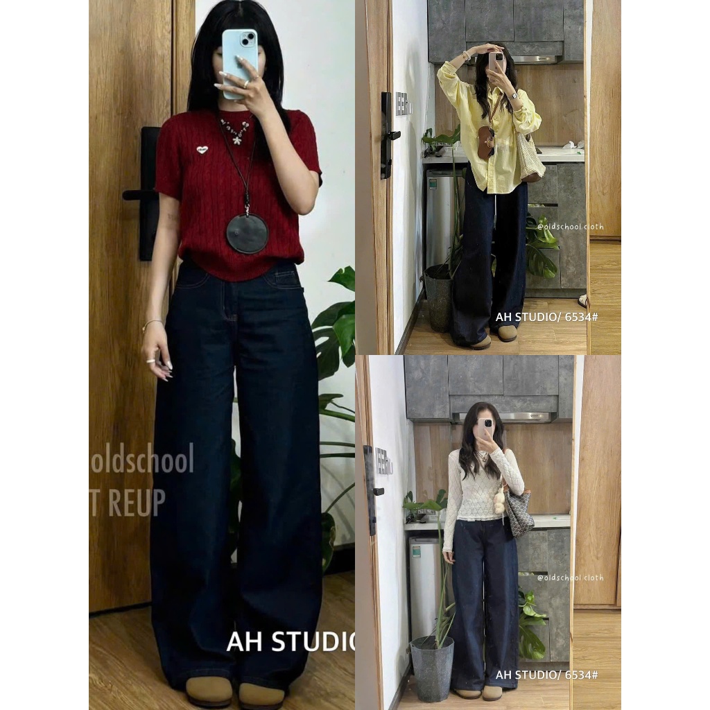 Quần Bò Jeans Nữ Ống Rộng, Quần Bò Denim Suông Ống Rộng Trơn Màu Xanh Đậm Phối Chỉ Nổi Cạp Cao Siêu Hách Dáng Cực Đỉnh