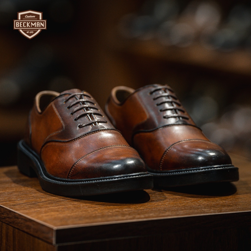 Beckman - Giày tây nam da bò thật Oxford Captoe dòng - Nâu Patina - BMHA05NP