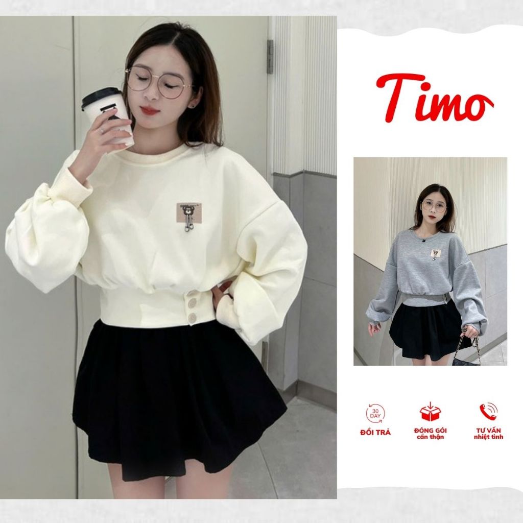 Áo kiểu nữ Timo, áo nỉ, áo sweater nữ dáng croptop tay dài phong cách Hàn Quốc AOT180