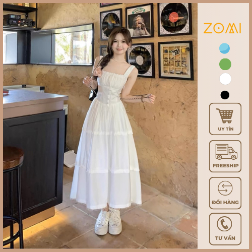 Đầm maxi đi biển nữ, váy 2 dây dáng dài thiết kế nhún ngực, váy đi biển maxi trẻ trung ZOMI Z050
