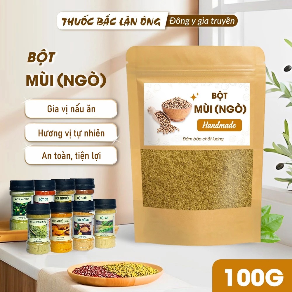 Bột mùi 100g, bột ngò nguyên chất, gia vị tẩm ướp, khử mùi tanh thực phẩm, tăng hương vị cho món ăn