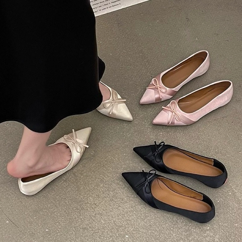 Giày nữ mũi nhọn nơ xinh vải satin đế cao 3cm sang chảnh(LÙI SIZE)