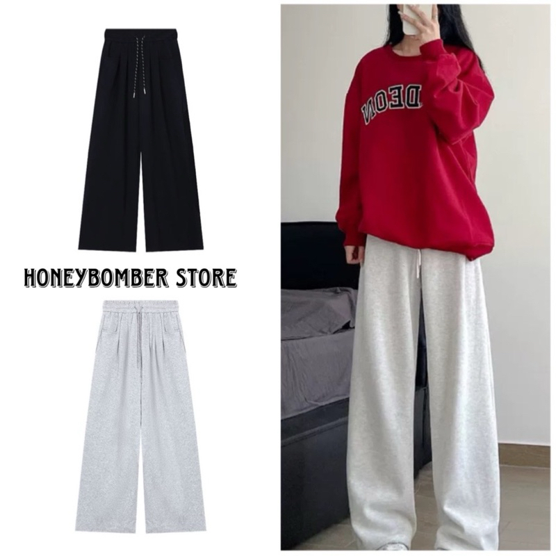 Quần Nỉ Ống Rộng Suông Trơn Dây Rút [FREESHIP]🌸 Quần Nữ Form Rộng Nỉ Bông Dáng Suông Phong Cách Ulzzang🌸