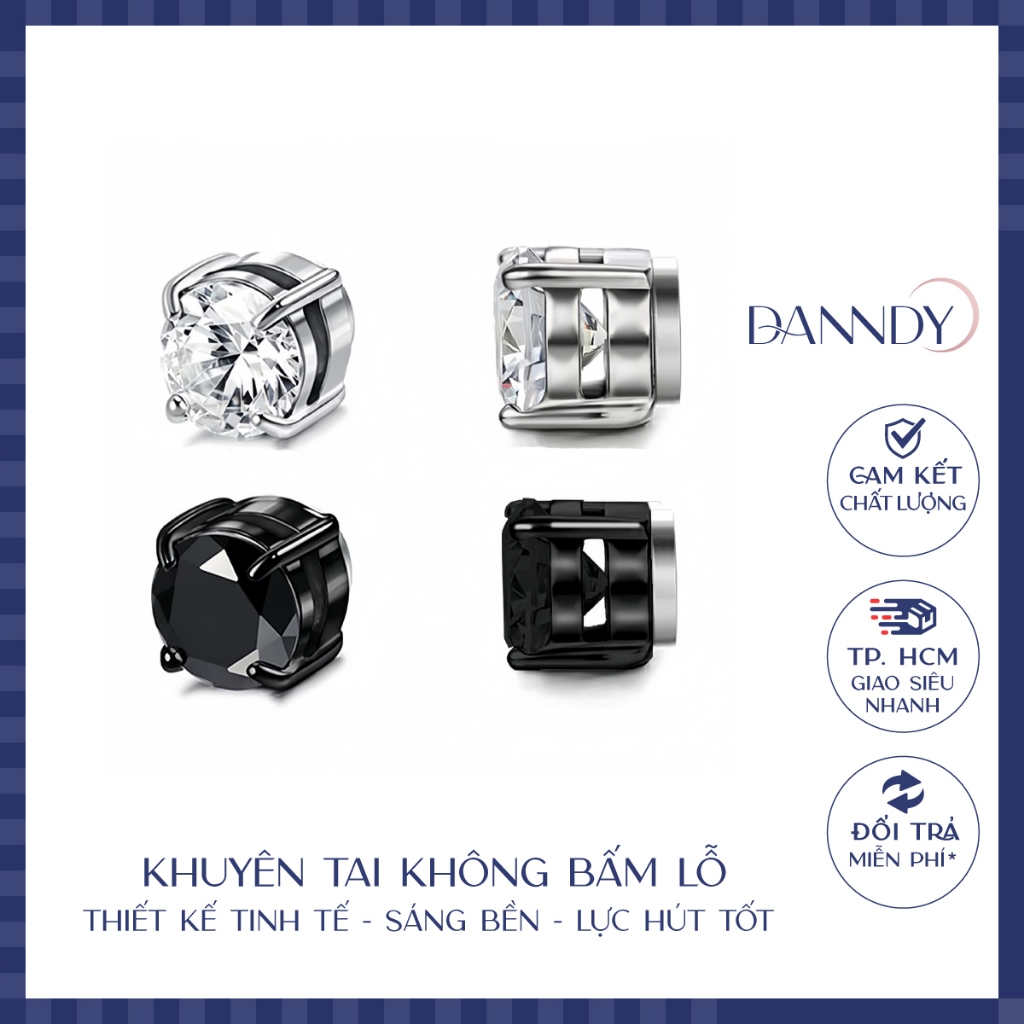 Khuyên tai nam châm đính đá không cần bấm lỗ 8mm cao cấp. Bông tai kẹp không cần bấm lỗ đẹp | Dandy