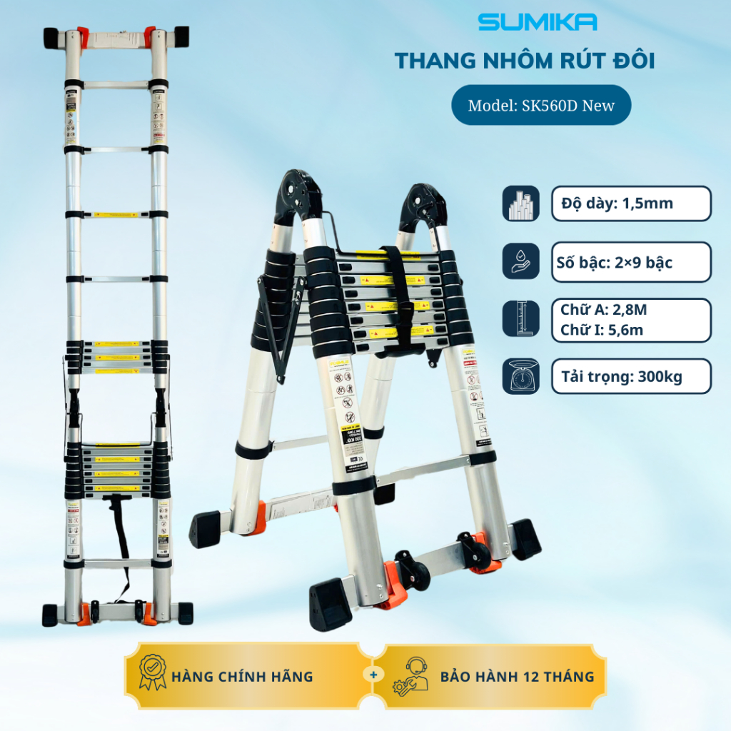 Thang nhôm rút đôi SUMIKA SK560D NEW, rút chữ A cao 2.8m, rút chữ I cao 5.6m, tải trọng 300kg