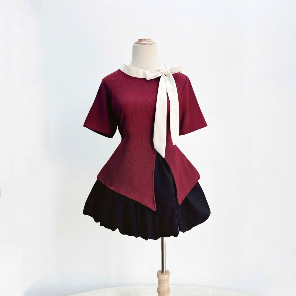 Set Áo Váy Bigsize Nữ Áo Tay Ngắn Ôm Body Phối Nơ Cổ Xinh Kèm Chân Váy Ngắn Noel Tết SET935