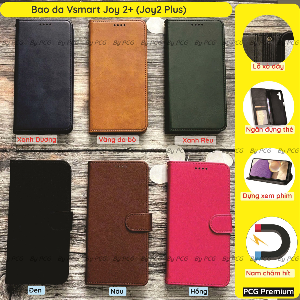 Bao da Vsmart Joy 2+ (Joy2 Plus) chất liệu da cao cấp, sang trọng, có ngăn chứa thẻ tiện lợi, nắp gập chống đỡ xem phim