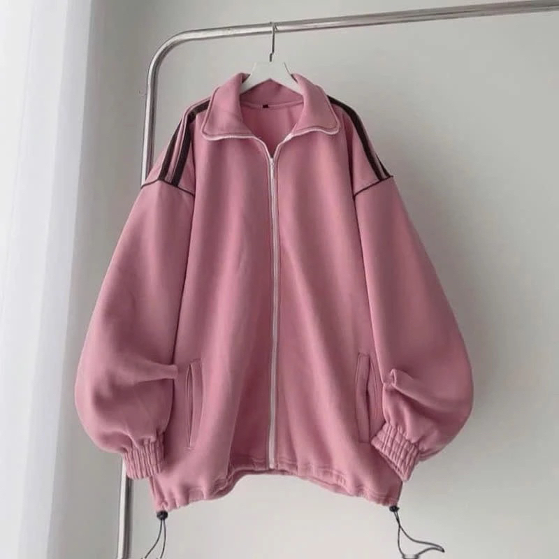 Áo Khoác Nỉ Phối Sọc rút dây Form Rộng- Áo Khoác Cổ Cao Zip Unisex