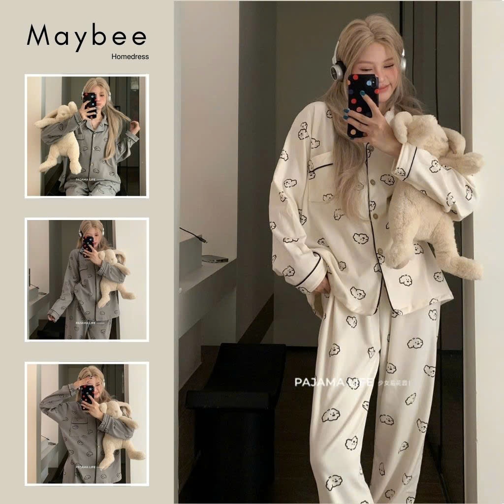 Maybee.Homedress Bộ Ngủ Dài Tay In Hình Mây Viền Né – Chất Vải Mềm Mịn, Thanh Lịch, Thoải Mái