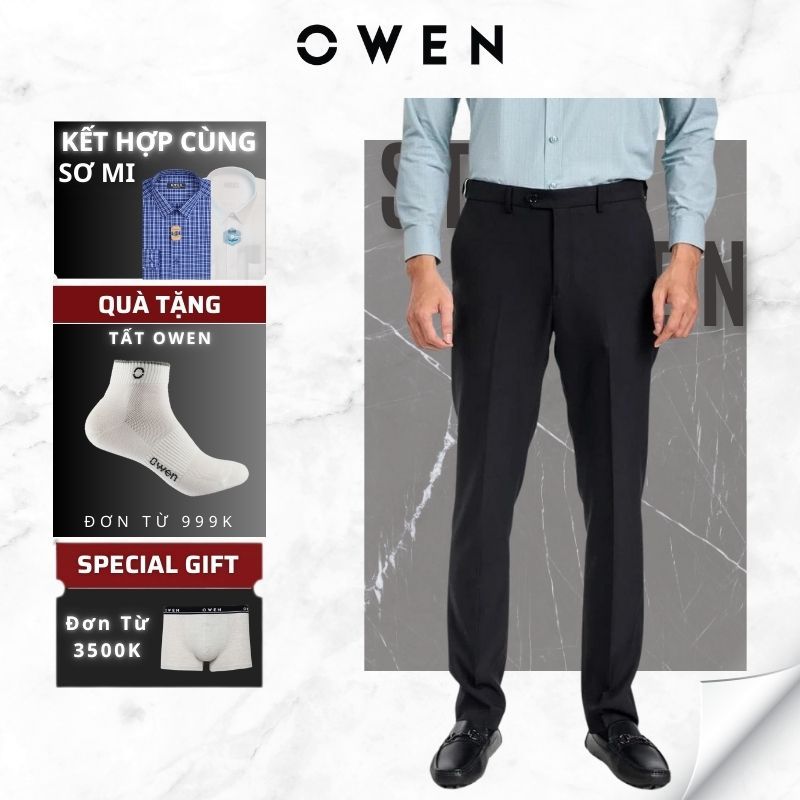Quần Âu Owen Màu Đen Trơn Trẻ Trung Dáng Regular Fit Chất Liệu Nano Cao Cấp Mềm Mịn