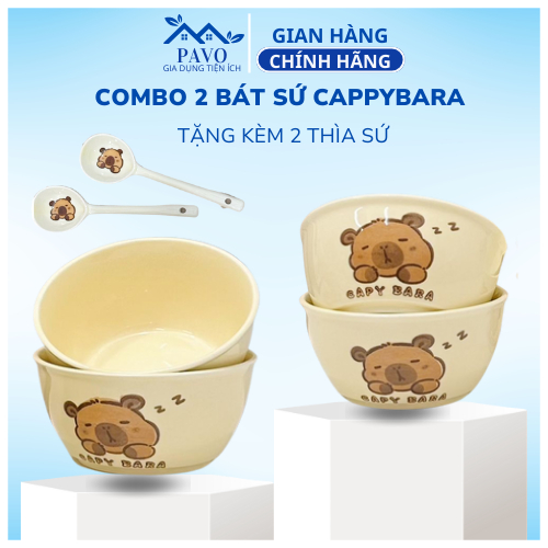 Bộ 2 Bát Sứ Ăn Cơm Hoạ Tiết Chuột Capybara 2 Bát Kèm 2 Thìa Siêu Dễ Thương, Bát Ăn Cơm Đôi