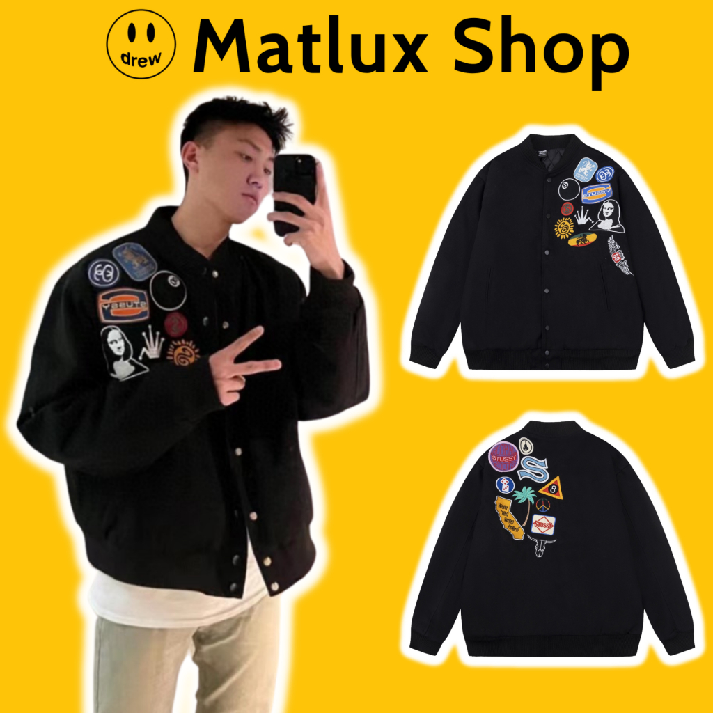 Áo varsity jacket STUSSY Stalk Melton chất liệu vải kaki lót bông cao cấp, Áo khoác bóng chày unisex