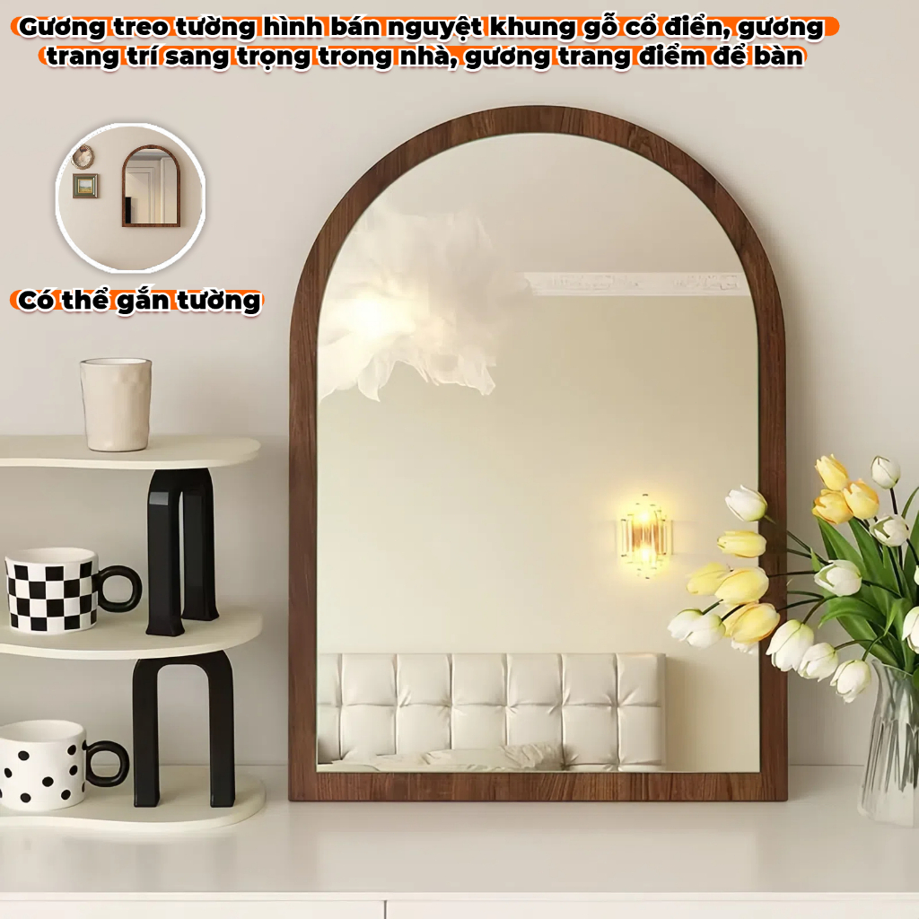 Gương treo tường hình bán nguyệt khung gỗ cổ điển, gương trang trí sang trọng trong nhà, gương trang điểm để bàn