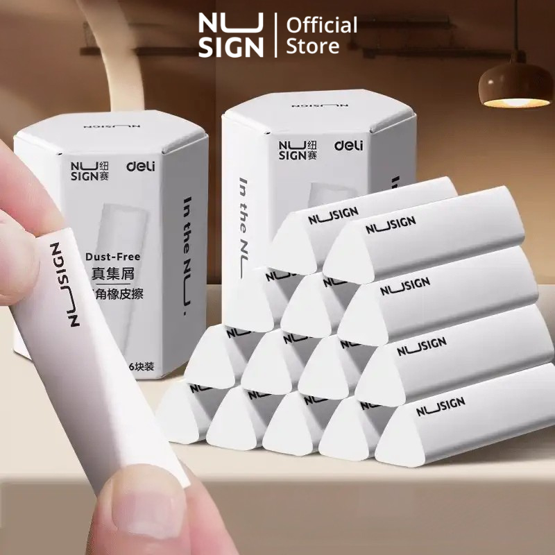 Hộp 6 Gôm Tẩy Tam Giác Siêu Sạch Nusign x Deli Cao Cấp - Tẩy Mềm Siêu Sạch, Ít Vụn, Dụng Cụ Học Tập Cho Học Sinh