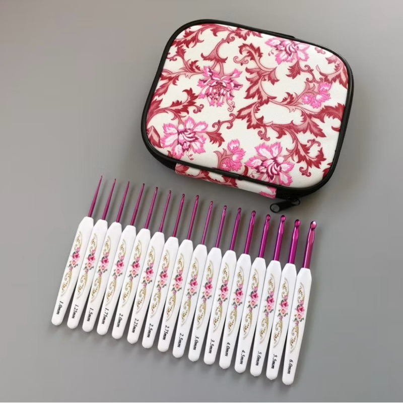 [Lilithes_vn] Set Bộ 16 Kim Móc Hoa Đỏ Cán Tím Tay Cầm Nhựa ABS Chắc Chắn