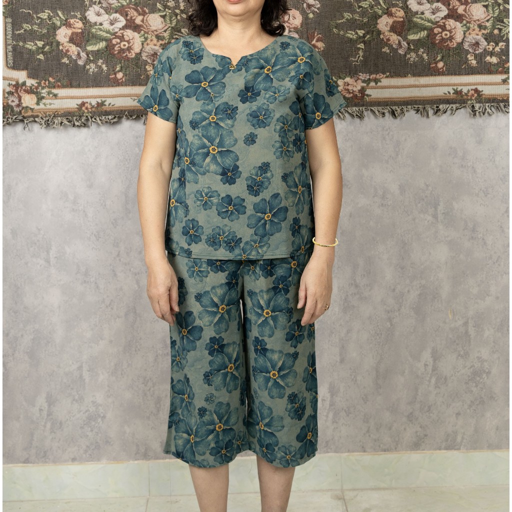 Bộ đồ trung niên áo cộc quần lừng cho mẹ cho bà chất lụa hàn châu mềm mại sang trọng